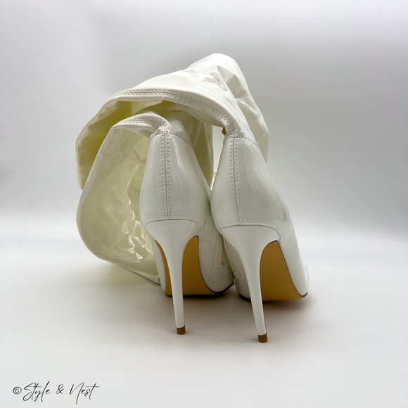 Faux Leather Thigh High Riding Stiletto Boots Y2K Rave Pointed Toe Women's 9 - Picture 3 of 8